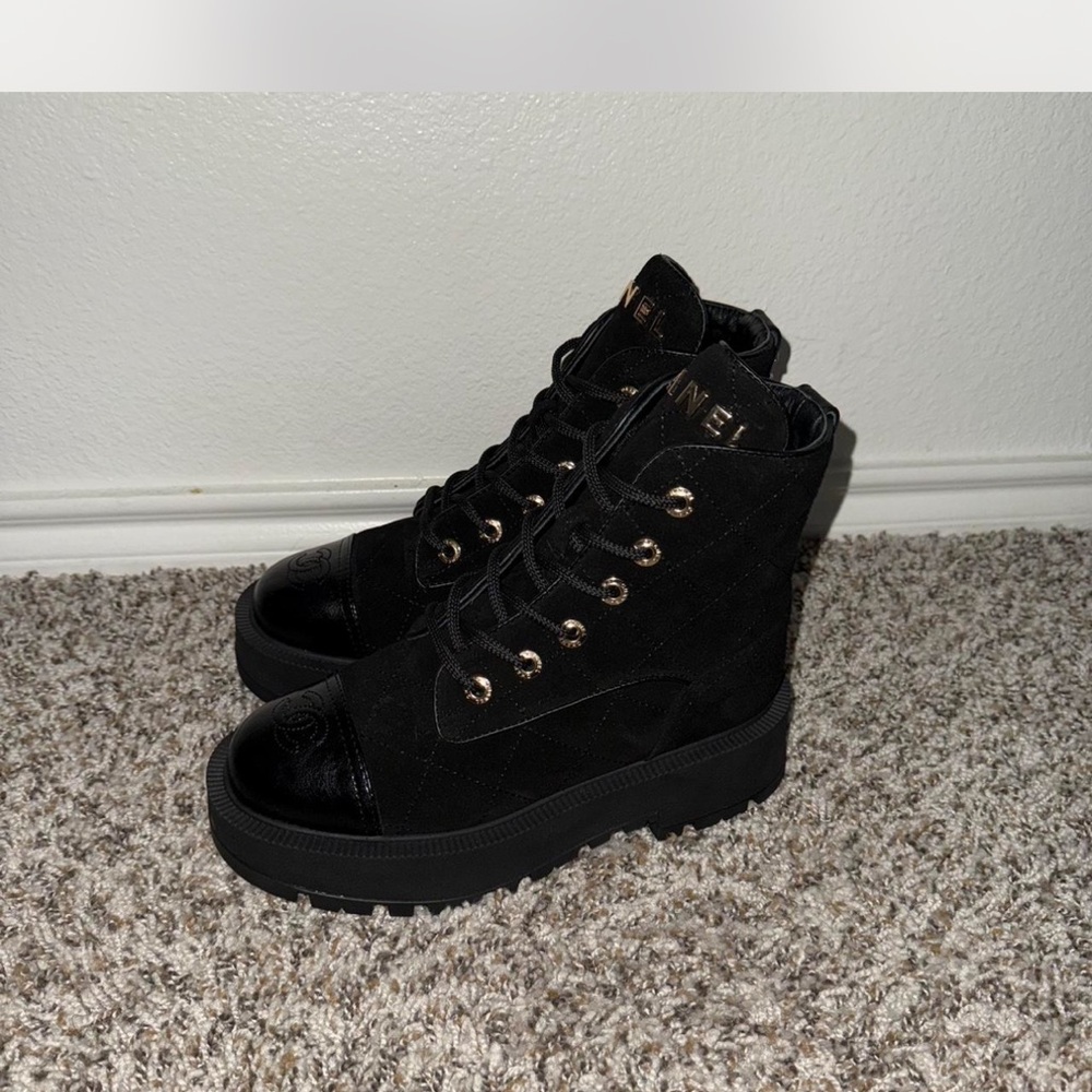 CHANEL Black Lace-Up Boots